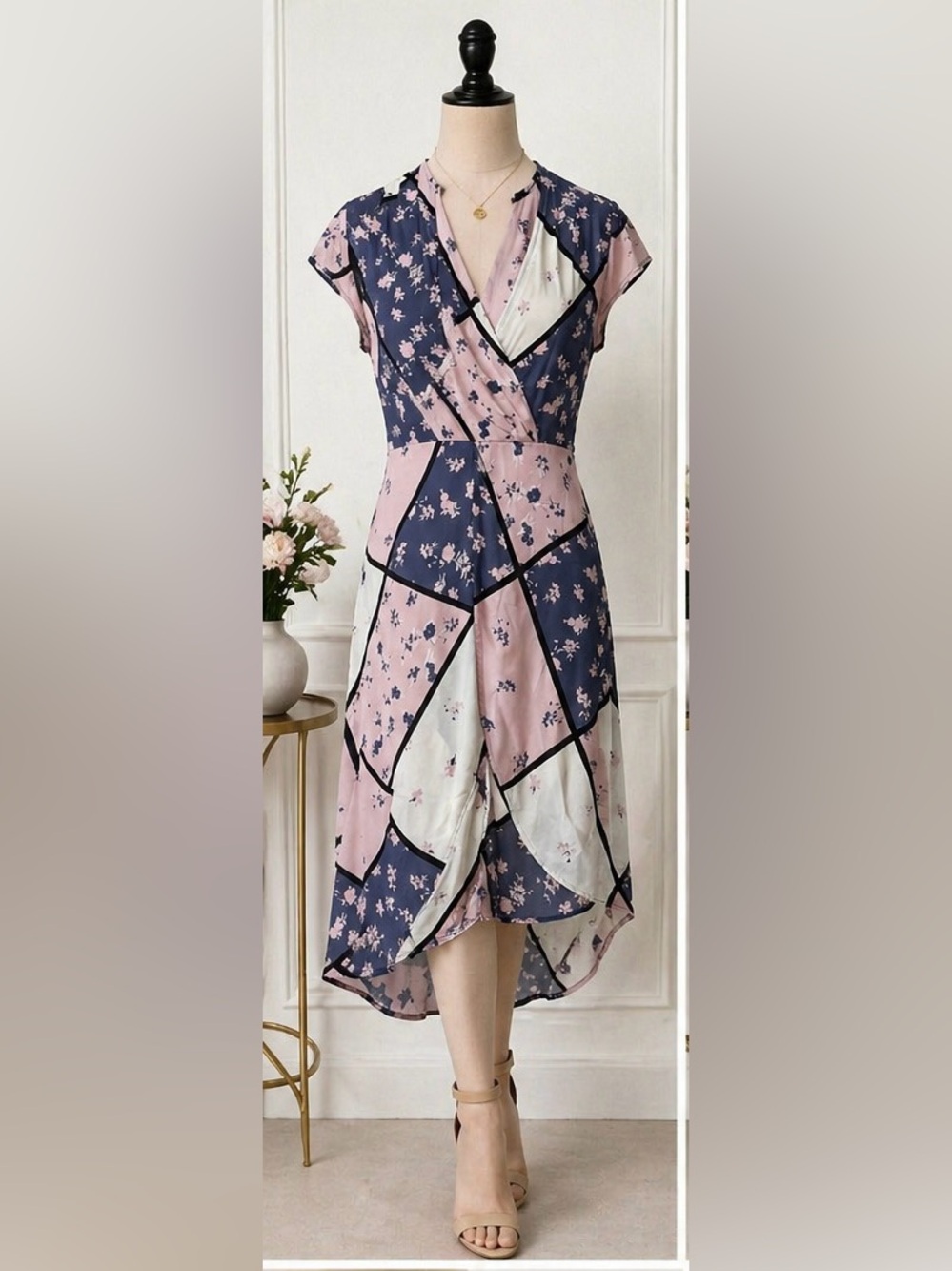 New York & Company Pink and Navy Floral Patchwork Midi Dress
